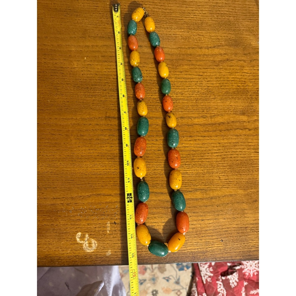 Vintage Chunky Multi Color Oval Bead Necklace Green Yellow Orange 29 Inch - Picture 4 of 7